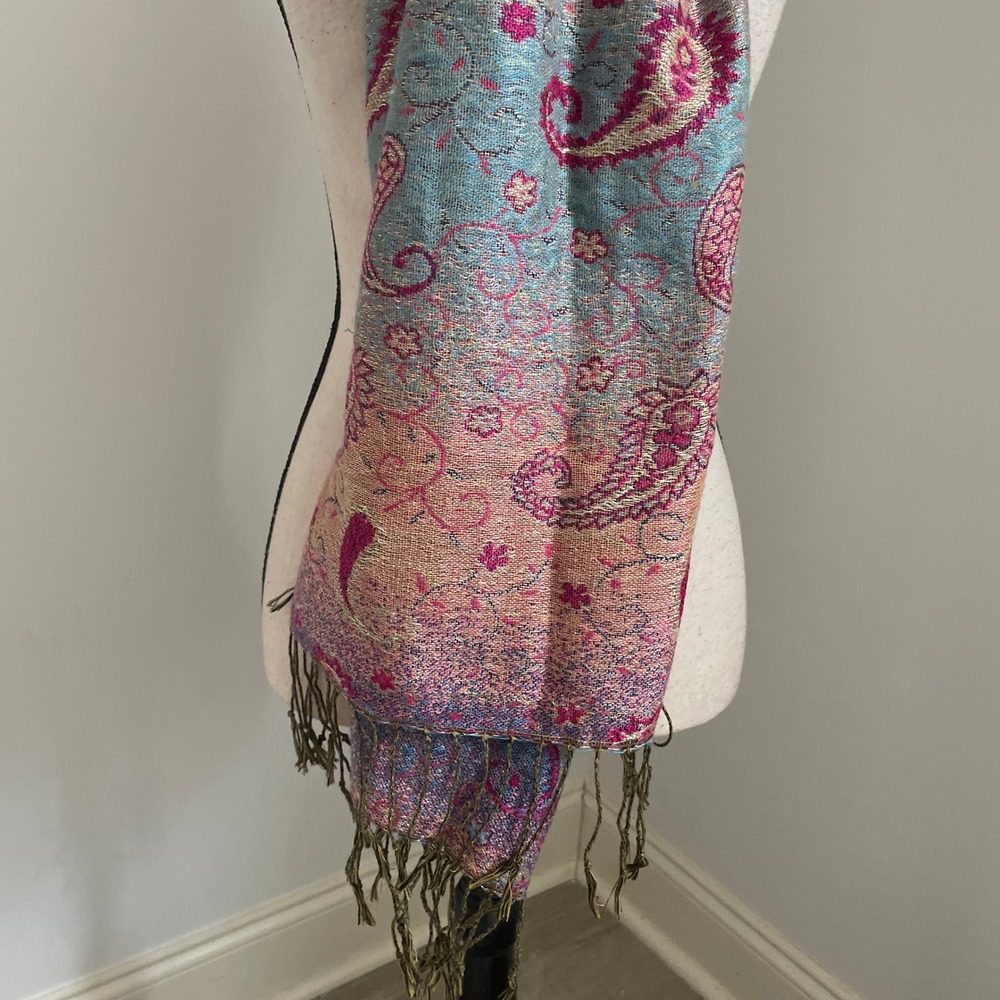 Pashmina Silk Shawl Paisley Print Lightweight Fringe Stole Boho Chic Artsy Wrap - Picture 11 of 12